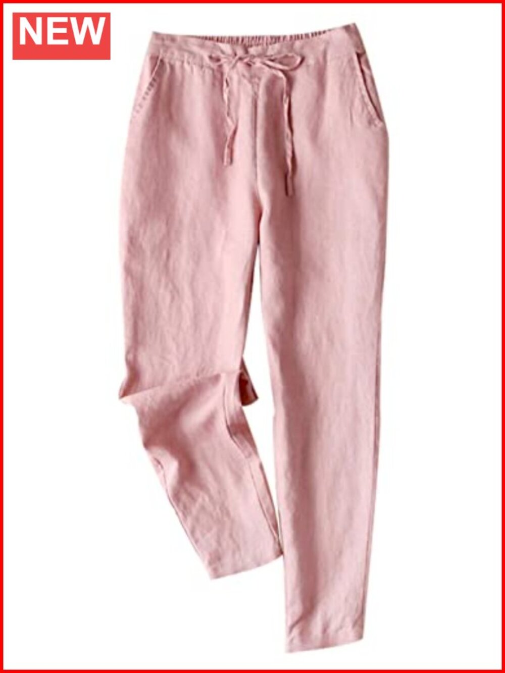Cotton Linen Blend Tapered Pants High Rise Elastic Waist Drawstring